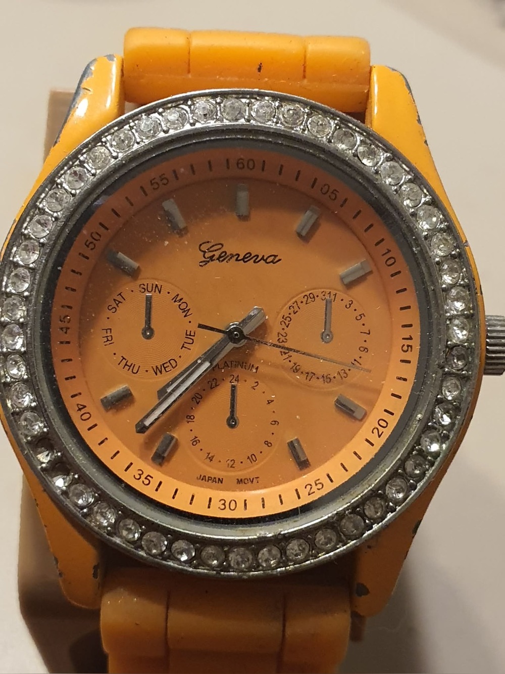 10/$20 Geneva Platinum #7827 Silver/Orange Rhinestone Silicone Women's Watch